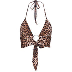 Leopard print contrast o ring halter backless self tie crop top