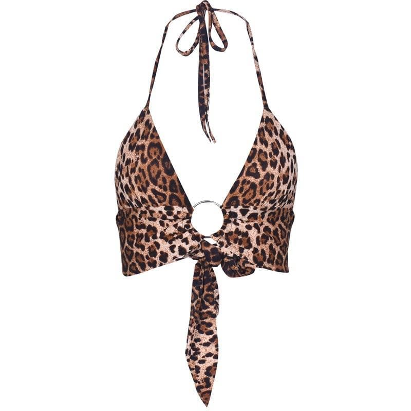 Leopard print contrast o ring halter backless self tie crop top