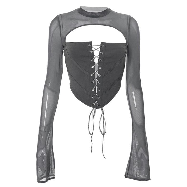 Lace up flared sleeve crewneck corset hollow out backless top