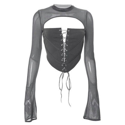 Lace up flared sleeve crewneck corset hollow out backless top