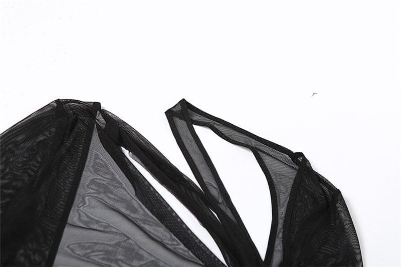 Mesh see through irregular long sleeve hollow out backless solid maxi dress