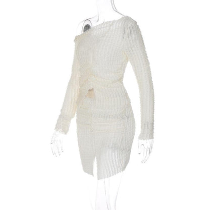 Textured off shoulder irregular long sleeve ruched slit mini skirt set