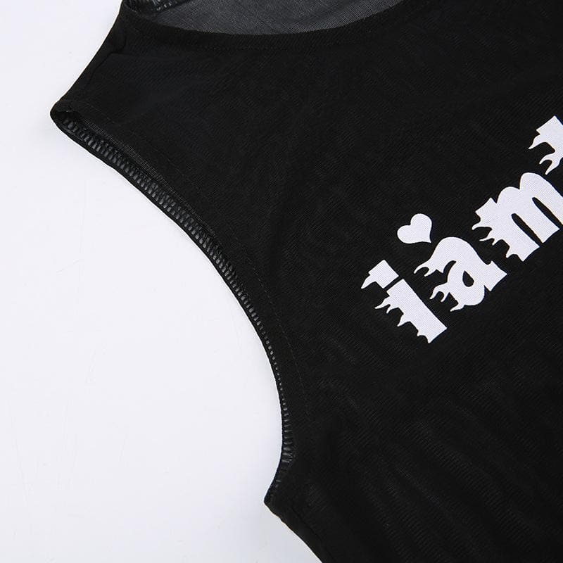 Sheer mesh see through "i am hotty" pattern contrast sleeveless crop top