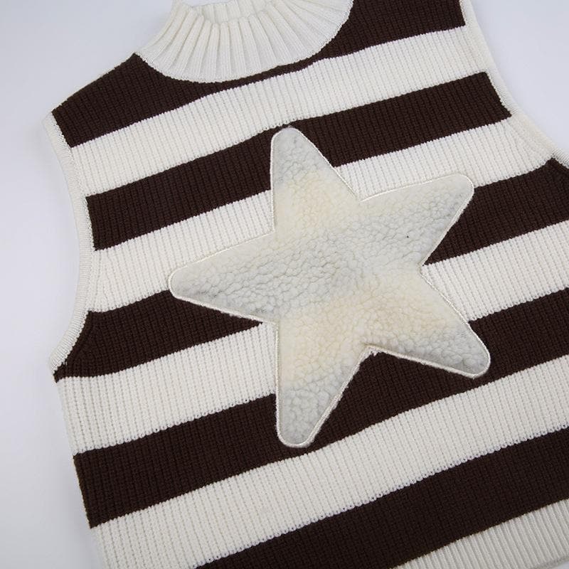 Star pattern patchwork high neck sleeveless striped knitted crop top - Final Sale