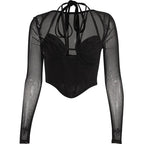 Top corto con corsetto in rete traforata e maniche lunghe - Saldi finali 
