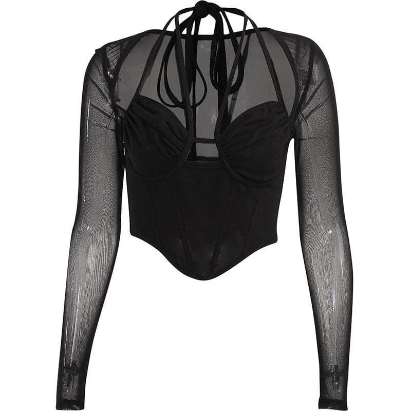 Top corto con corsetto in rete traforata e maniche lunghe - Saldi finali 