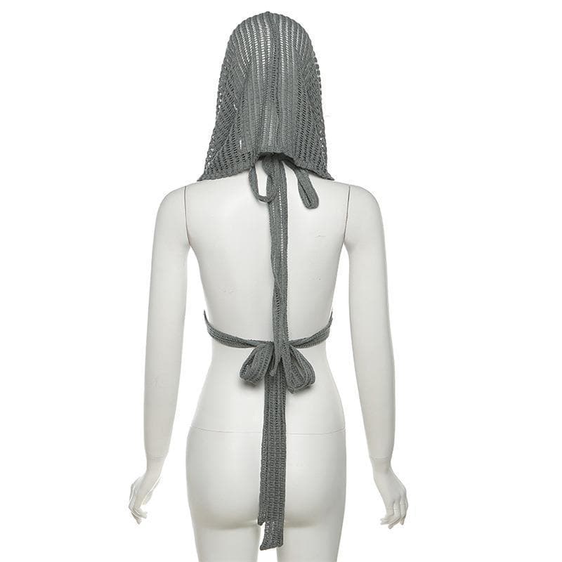Hoodie sleeveless see through crochet backless self tie crop top