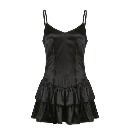 Rückenfreies, gerüschtes Camisole-Minikleid aus Satin mit V-Ausschnitt und Reißverschluss