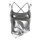 Cross back embroidery backless u neck irregular crop top