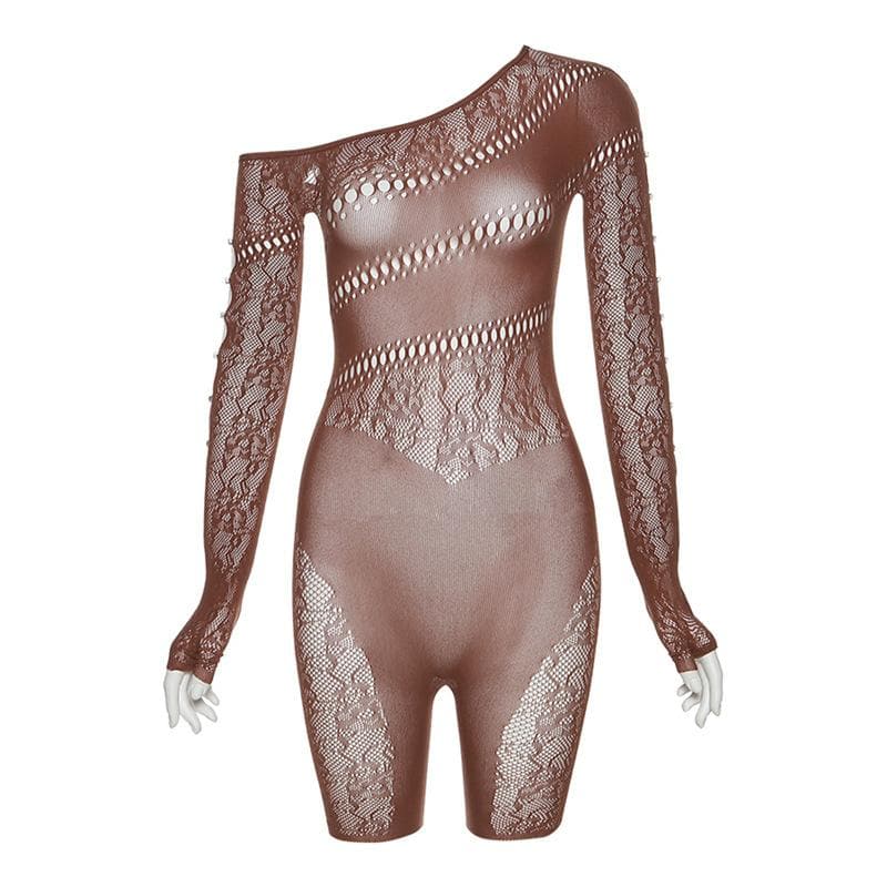 Off shoulder gloves long sleeve lace fishnet button see through romper