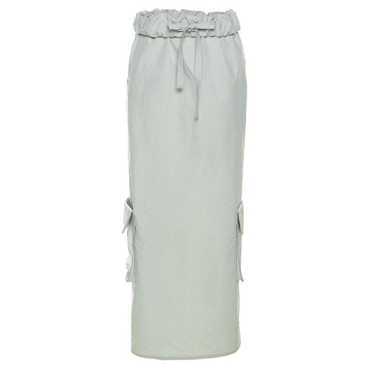 Ruched pocket cargo solid low rise maxi skirt
