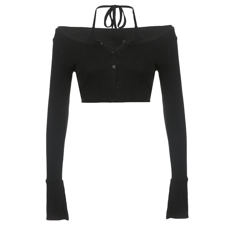 Halter self tie flared sleeve button solid 2 piece crop top
