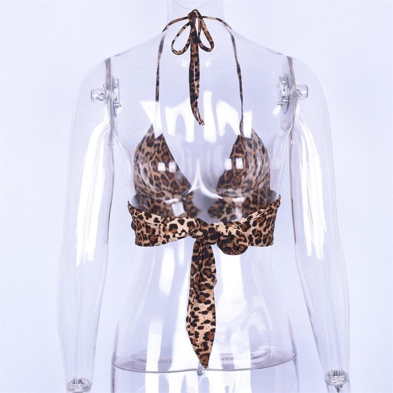 Leopard print contrast o ring halter backless self tie crop top
