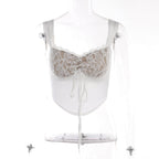 Lace patchwork smocked sleeveless self tie crop top