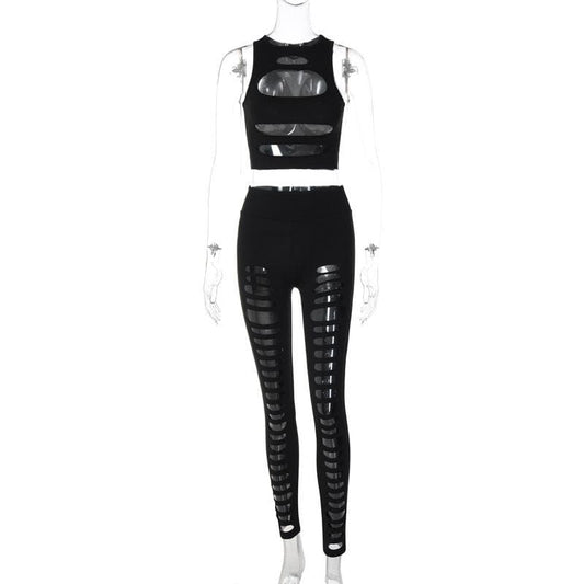 Hollow out solid sleeveless crewneck pant set