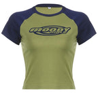 Patchwork contrast short sleeve crewneck "moody" pattern crop top