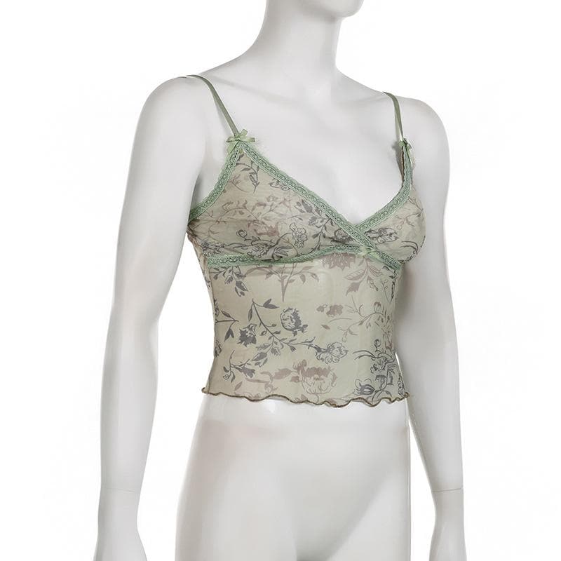 Top corto con scollo a V e orlo in pizzo con stampa floreale in rete trasparente 