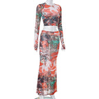 Abstract Print Sheer Mesh Long Sleeve Gloves Contrast Maxi Skirt Set