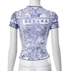 Short sleeve ruffle sheer mesh see through abstract top