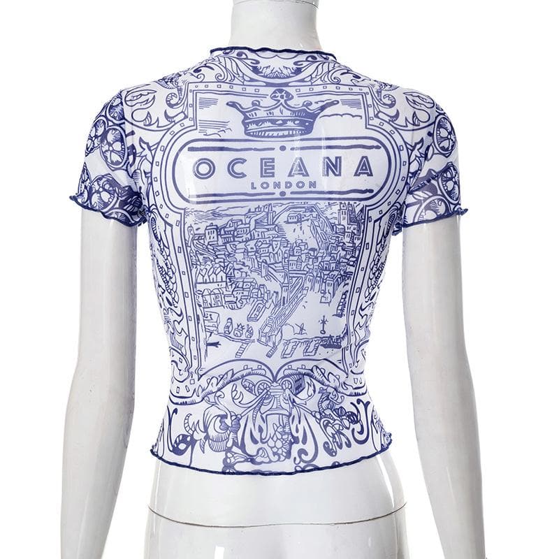Short sleeve ruffle sheer mesh see through abstract top