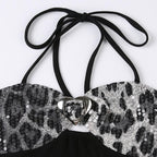 Leopard print glitter halter button backless contrast crop top
