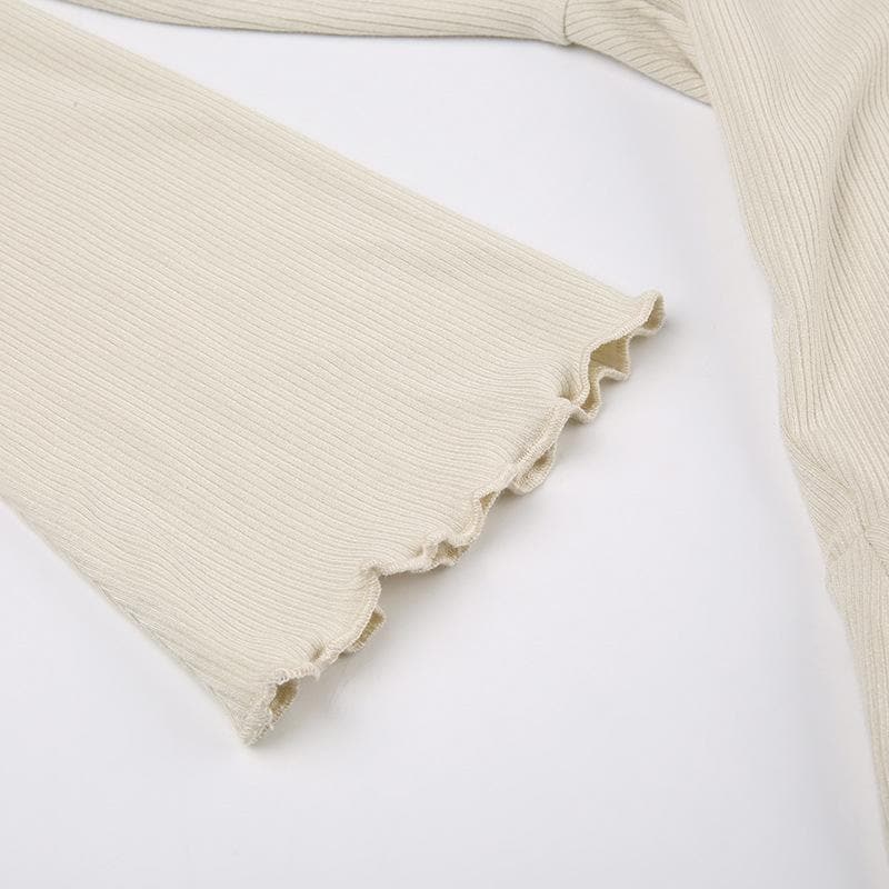 Flared sleeve v neck ruffle buckle ribbed solid crop top