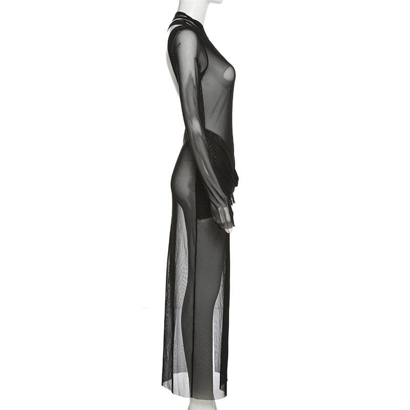 Mesh see through irregular long sleeve hollow out backless solid maxi dress