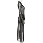 Mesh see through irregular long sleeve hollow out backless solid maxi dress