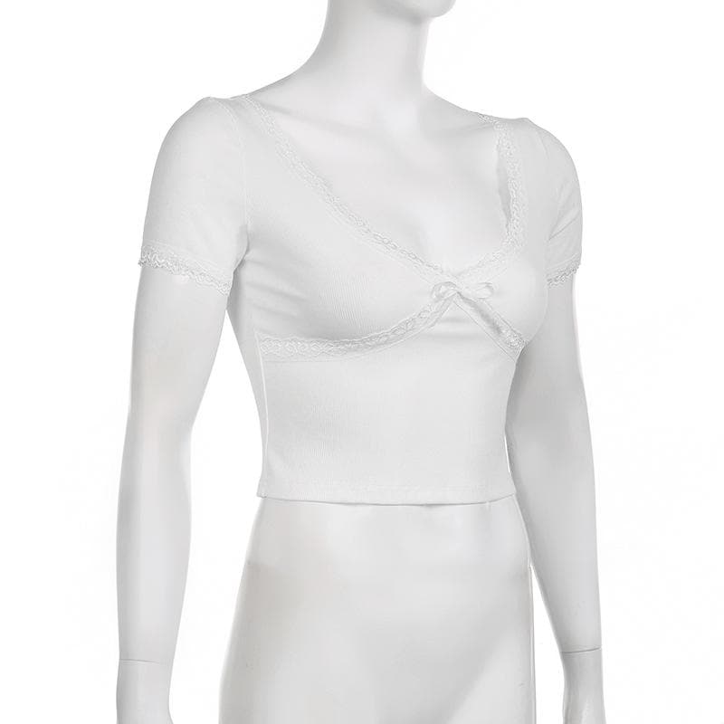 Short sleeve v neck ribbed lace hem solid crop top