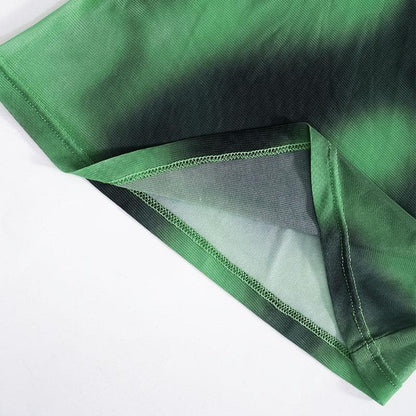 Maglia a rete trasparente con stampa tie-dye a maniche lunghe e scollo rotondo a contrasto 