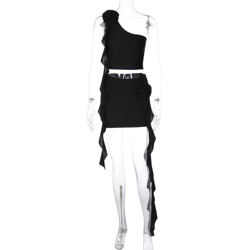 Irregular flower applique one shoulder solid mini skirt set