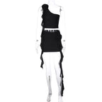 Irregular flower applique one shoulder solid mini skirt set