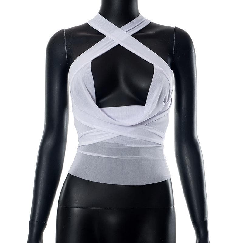 Sheer mesh see through solid cross front cowl neck 3-way top