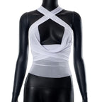 Sheer mesh see through solid cross front cowl neck 3-way top