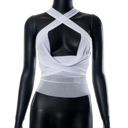 Sheer mesh see through solid cross front cowl neck 3-way top