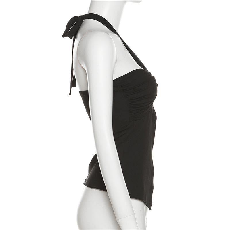 Slit ruched buckle solid heart neck halter top