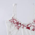 Sheer mesh see through flower print sleeveless lace hem crop top