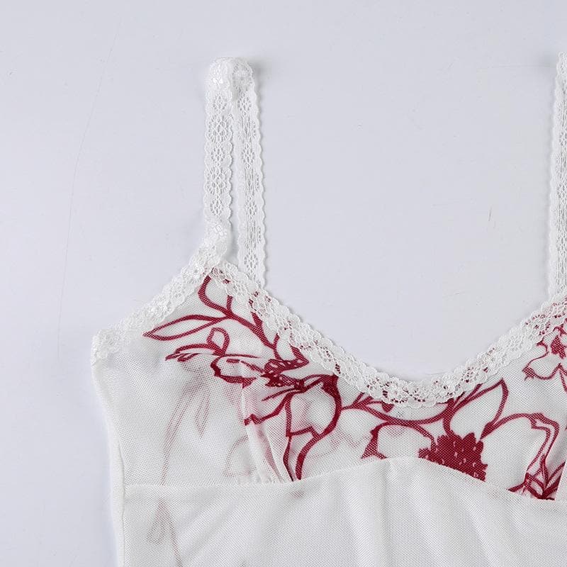 Sheer mesh see through flower print sleeveless lace hem crop top