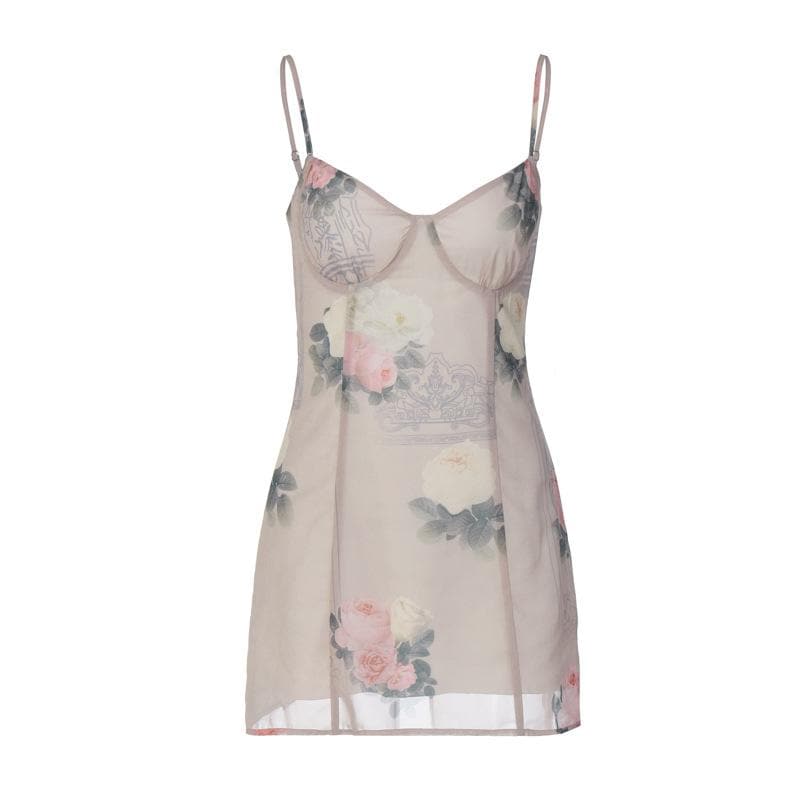Miniabito con scollo a V e zip a contrasto, stampa floreale in chiffon