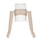 Top corto in due pezzi con scollo a giro e spalle scoperte a contrasto