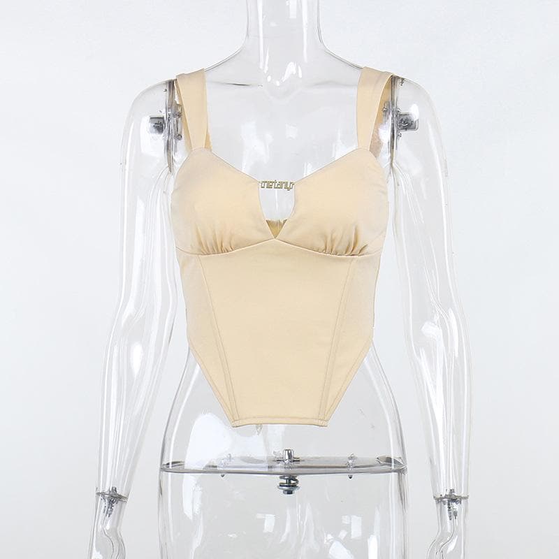 Sleeveless solid metal tag notch neck backless crop top