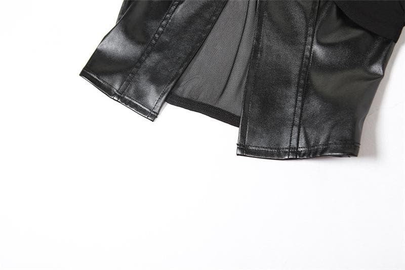 Mesh knotted PU leather patchwork halter solid v neck crop top