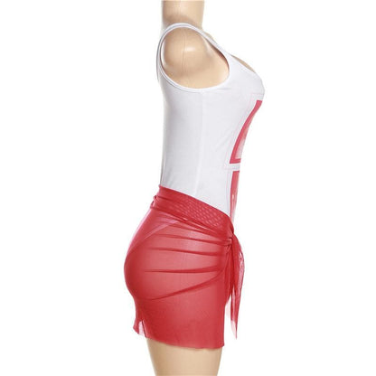 Abstract Contrast Mesh Neck Sleeveless Bodysuit Skirt Set