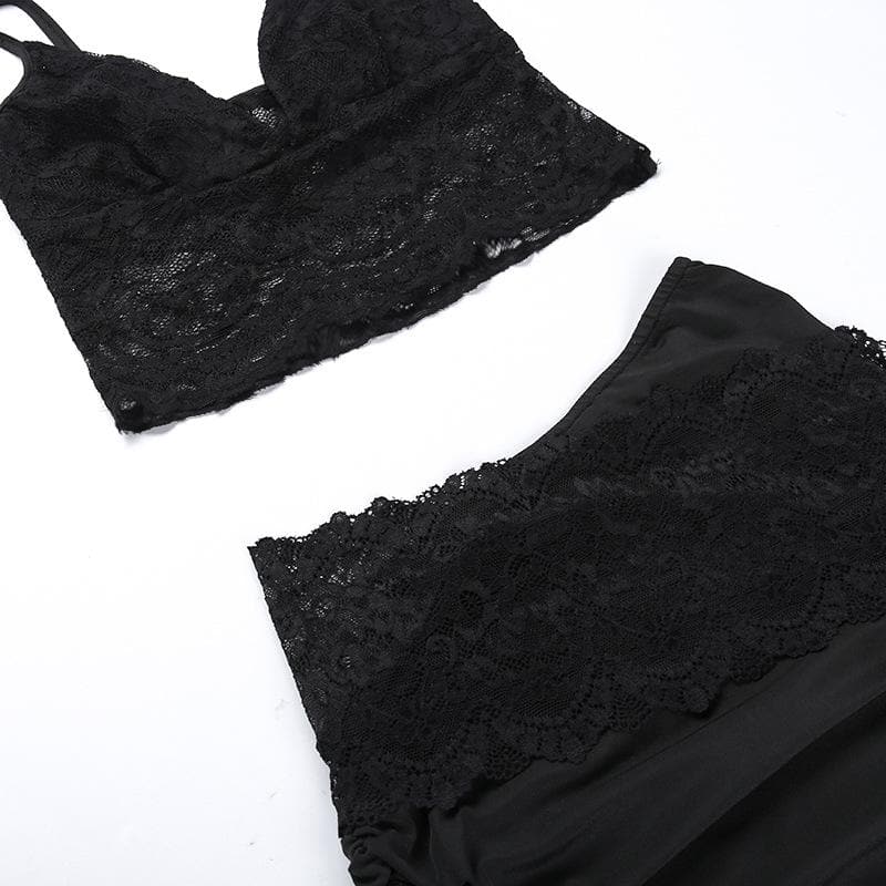 Lace v neck backless ruched irregular solid cami mini skirt set