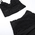 Lace v neck backless ruched irregular solid cami mini skirt set