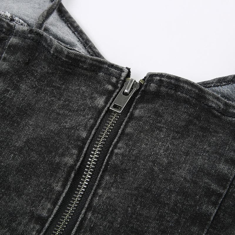 Top corto in denim con scollo a V, zip e schiena scoperta 