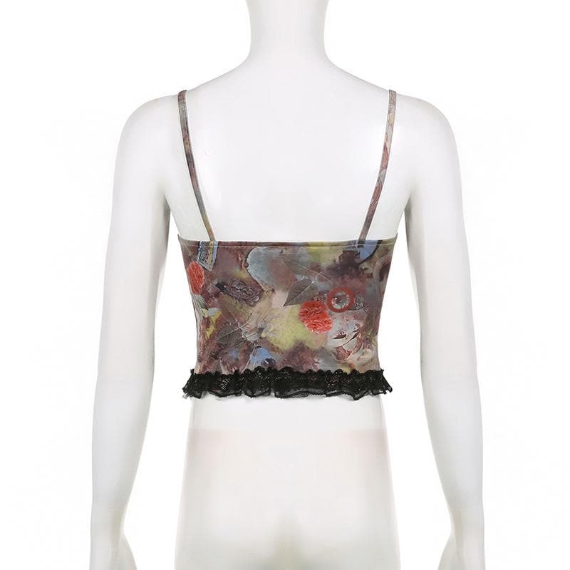 Backless v neck lace hem contrast print cami crop top