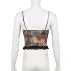 Backless v neck lace hem contrast print cami crop top