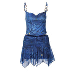 Backless cowl neck metal chain denim print ruched mini skirt set