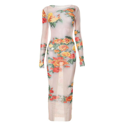 Maxikleid mit langen Ärmeln und transparentem Netzstoff im Kontrastmuster mit Blumenmuster 